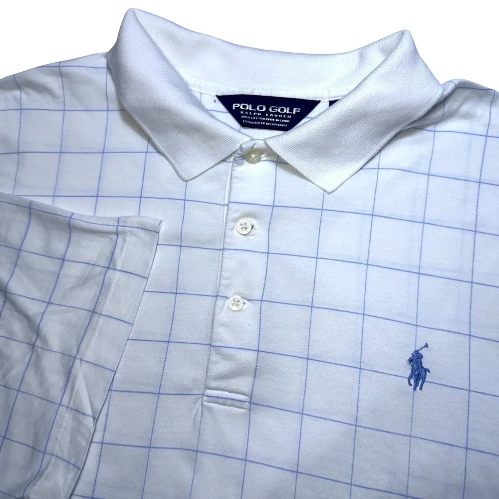 Polo Golf Ralph Lauren Mens XL White Blue Windowpane Check Preppy shirt